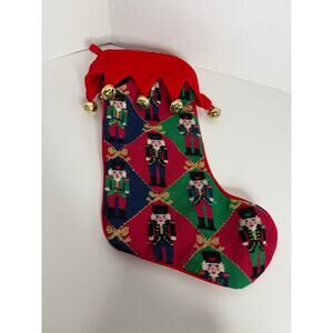 handmade wool needlepoint Christmas stocking nutcracker pattern jingle bells
